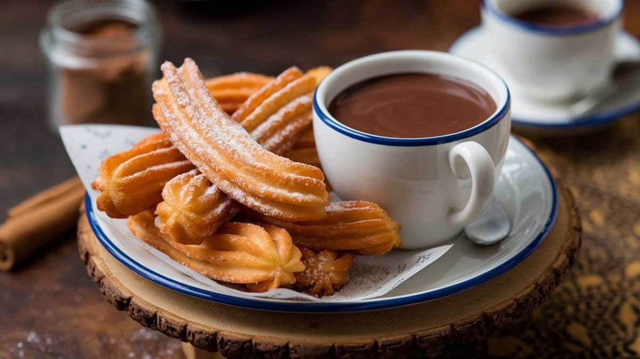 Churros with a side of hot chocolate on a wooden surface