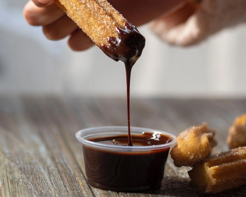 Churro dipped in chocolate sauce on a countertop.  