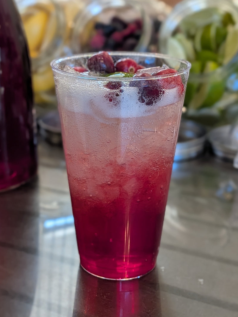 Clear plastic cup with a red non-alcoholic mocktail beverage and berries on a reflective surface