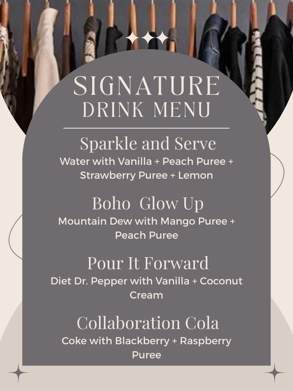 Custom soda menu, signature drink menu with specialty soda bar sodas and flavors customized to each event.  