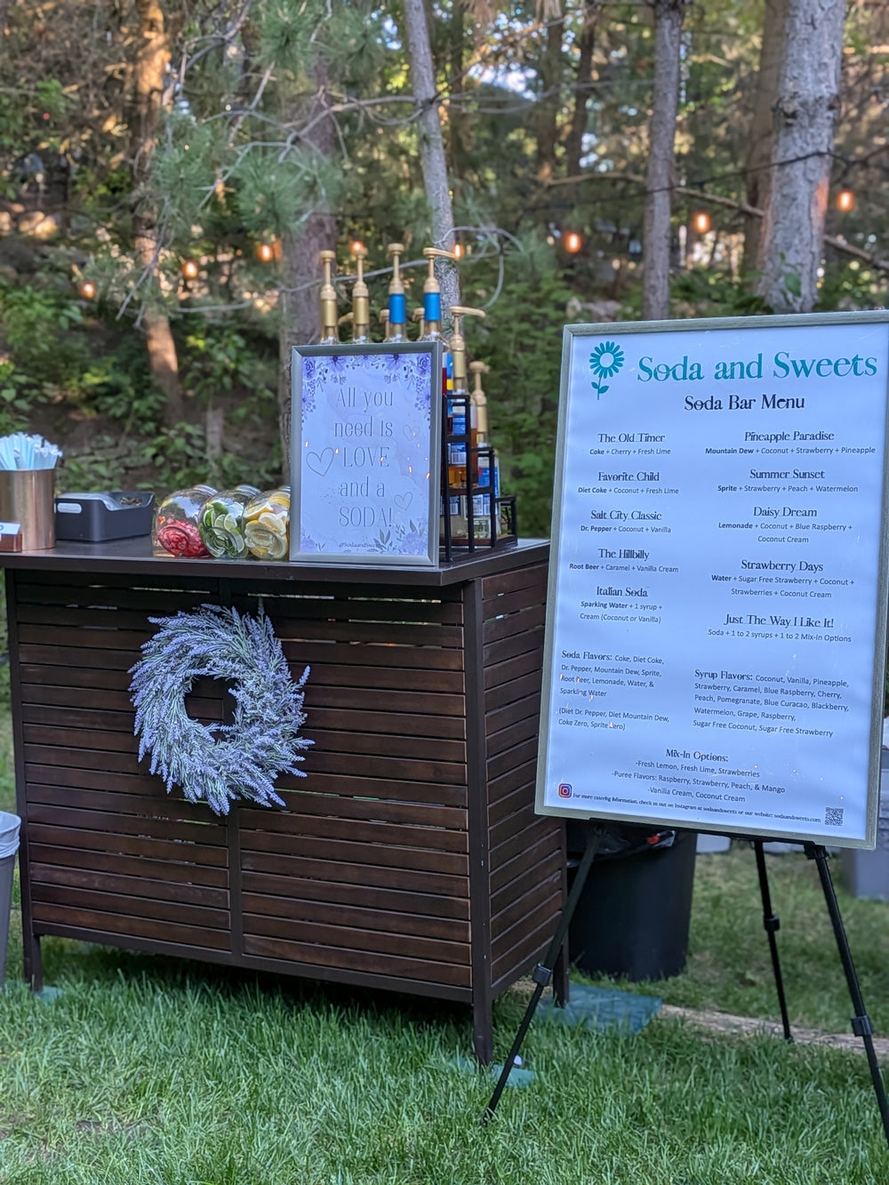 Utah soda bar showing the main menu, flavored syrups and mixins for sodas in a scenic mountain setting.  